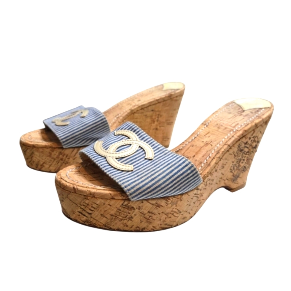 Chanel Classic CC Logo Cork Wedge Sandals Size 37 Authentic Vintage Y2K - Picture 3 of 13
